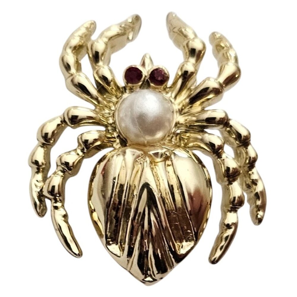 Gold Tone Vintage Faux Pearl Spider Brooch, Red Rhinestone Pin L876 - Picture 1 of 8